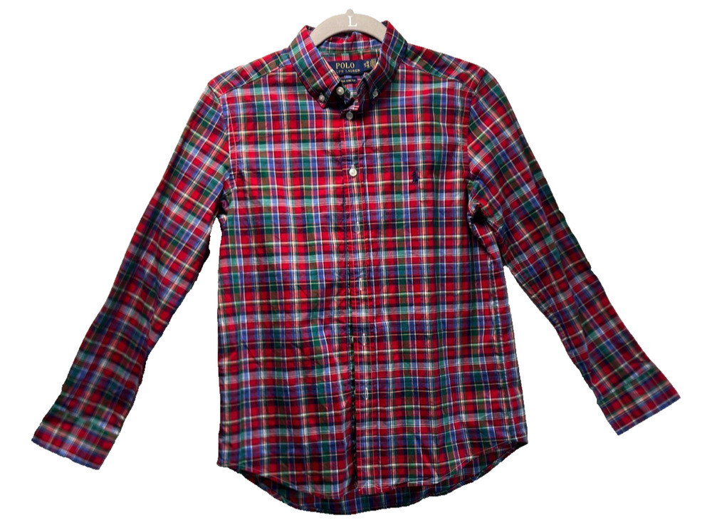 Ralph Lauren Shirt Boys Large 14-16 Red Blue Plaid Long Sleeve Button Down Pony
